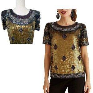 FRENCH CONNECTION Carnival Sequin Black Gold Short Sleeve Top Size 10